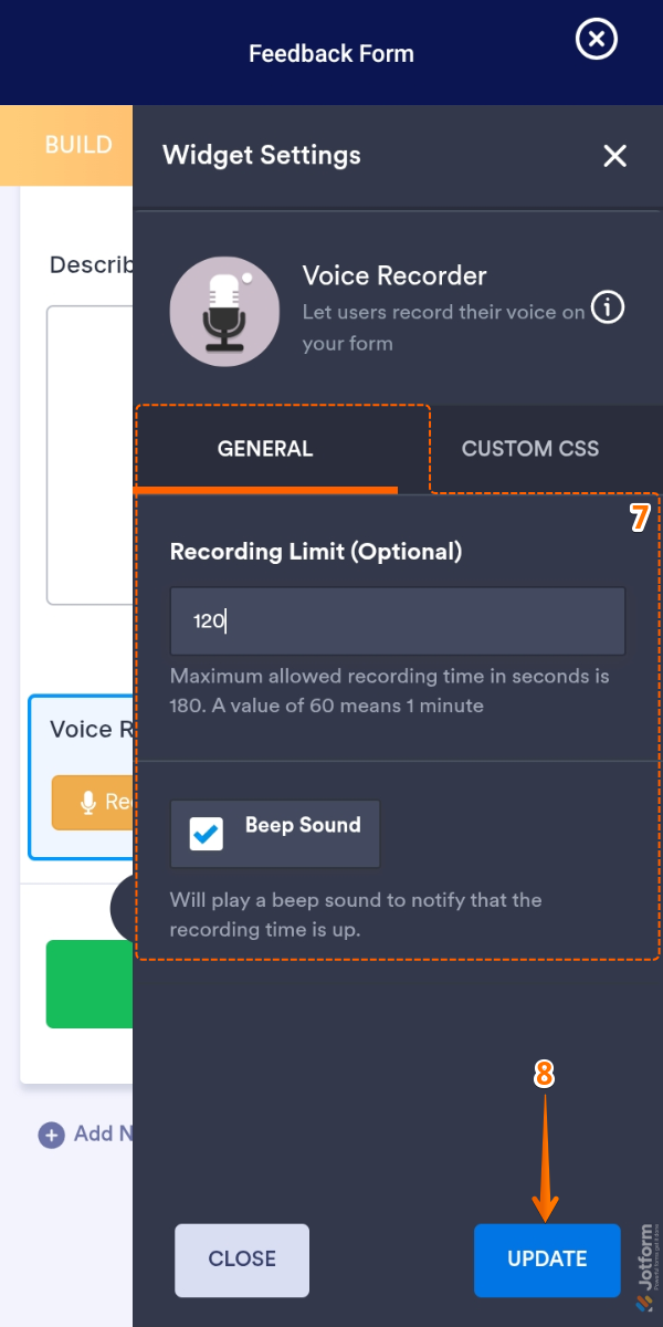 Recording Limit and Beep Sound settings under the General tab in the Widget Settings in Form Builder of the Jotform Mobile App