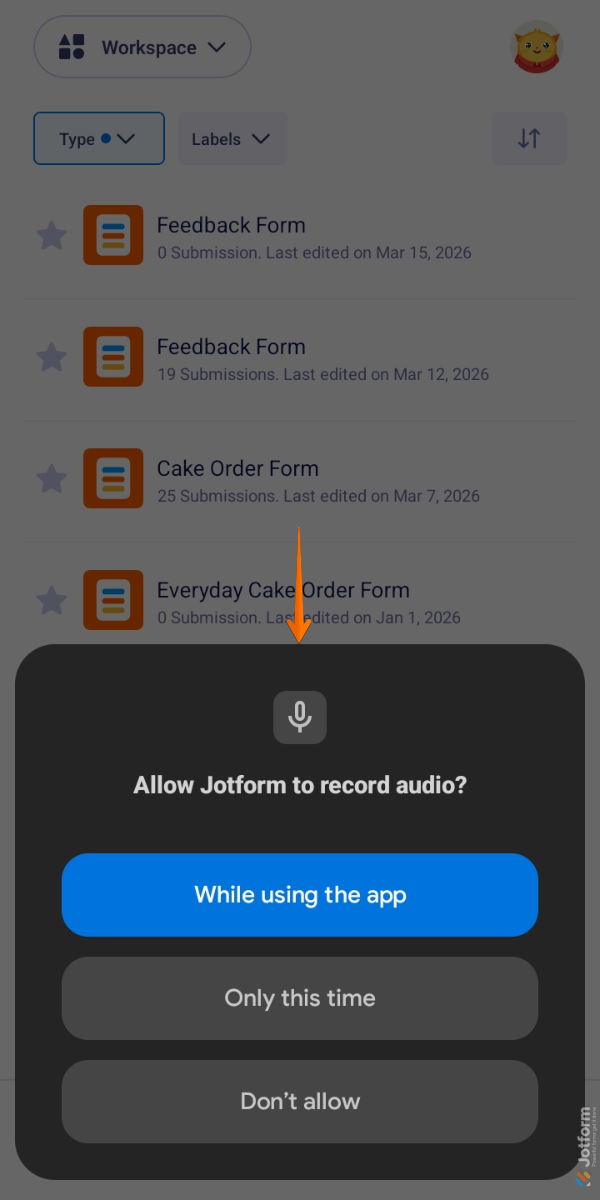Allow Microphone Access prompt in Workspace of the Jotform Mobile App