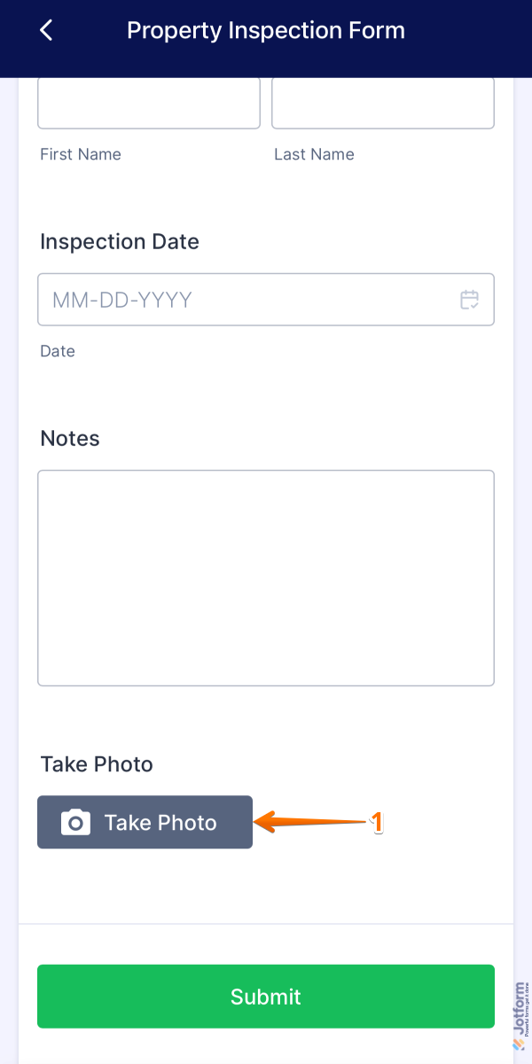 Jotform Mobile Forms app showing Take Photo button selected on the form