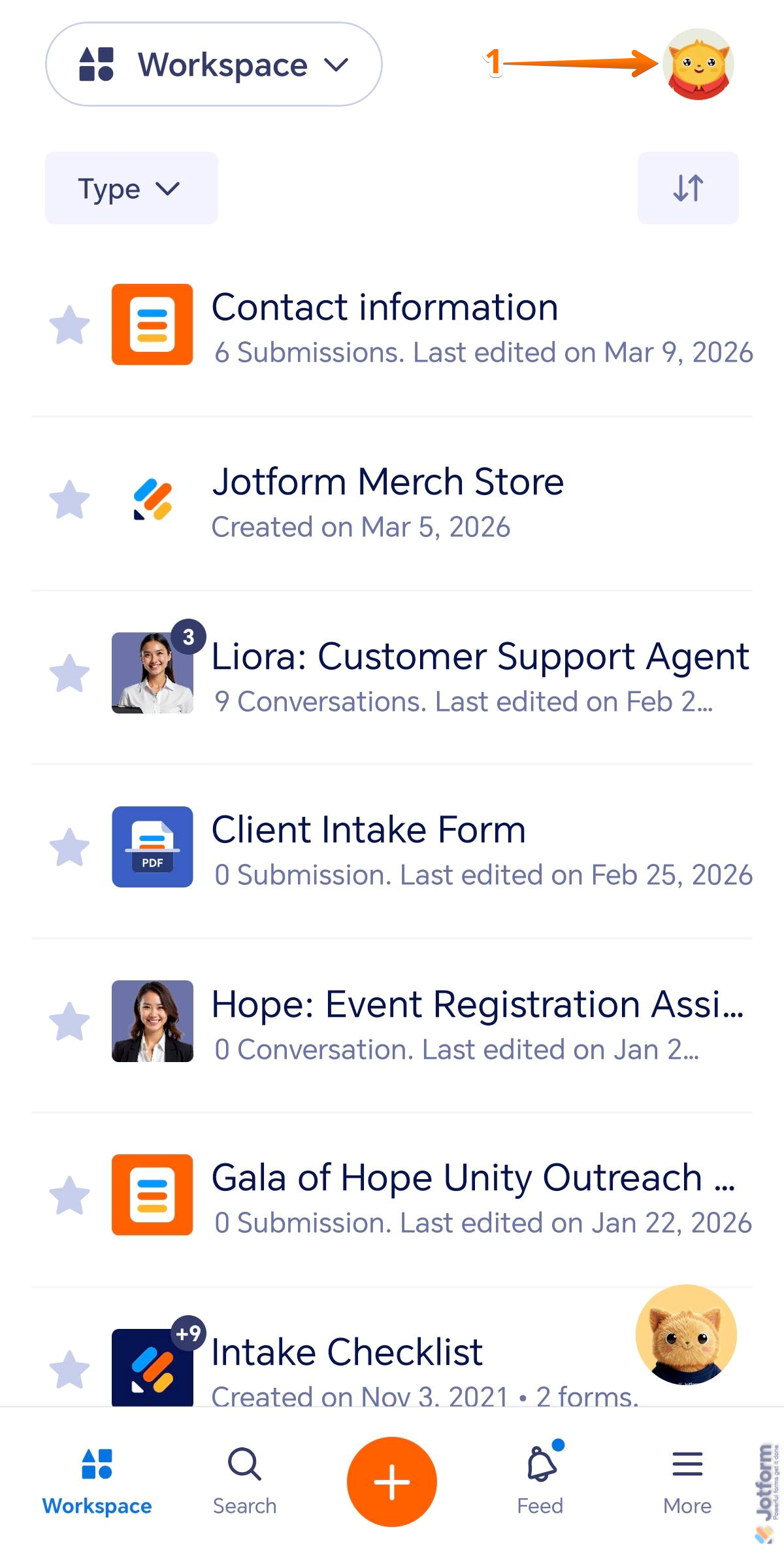 Account Profile Picture in the Workspace screen of the Jotform Mobile Forms app