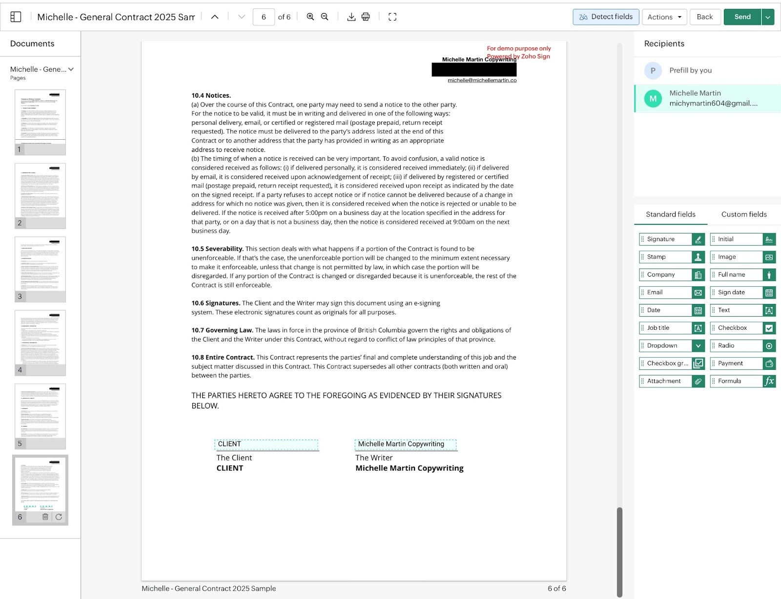 Screenshot of the Zoho Sign interface, featuring a sample contract with terms and added fields for collecting e-signatures