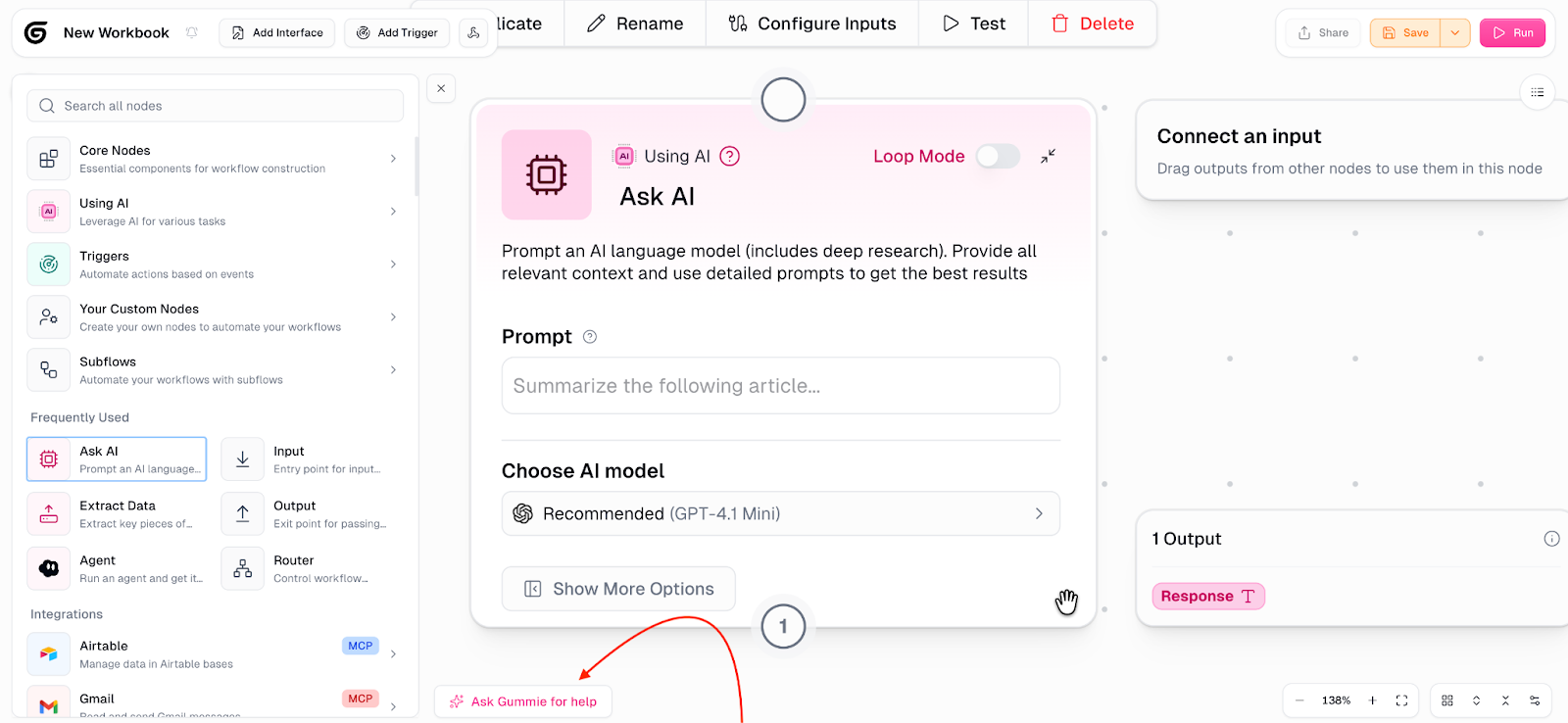 Gumloop User Interface and an arrow showing Ask AI Button