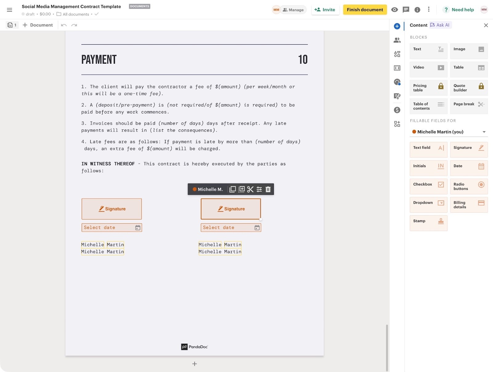 Screenshot of the PandaDoc interface, featuring a sample social media contract with added fields to collect e-signatures