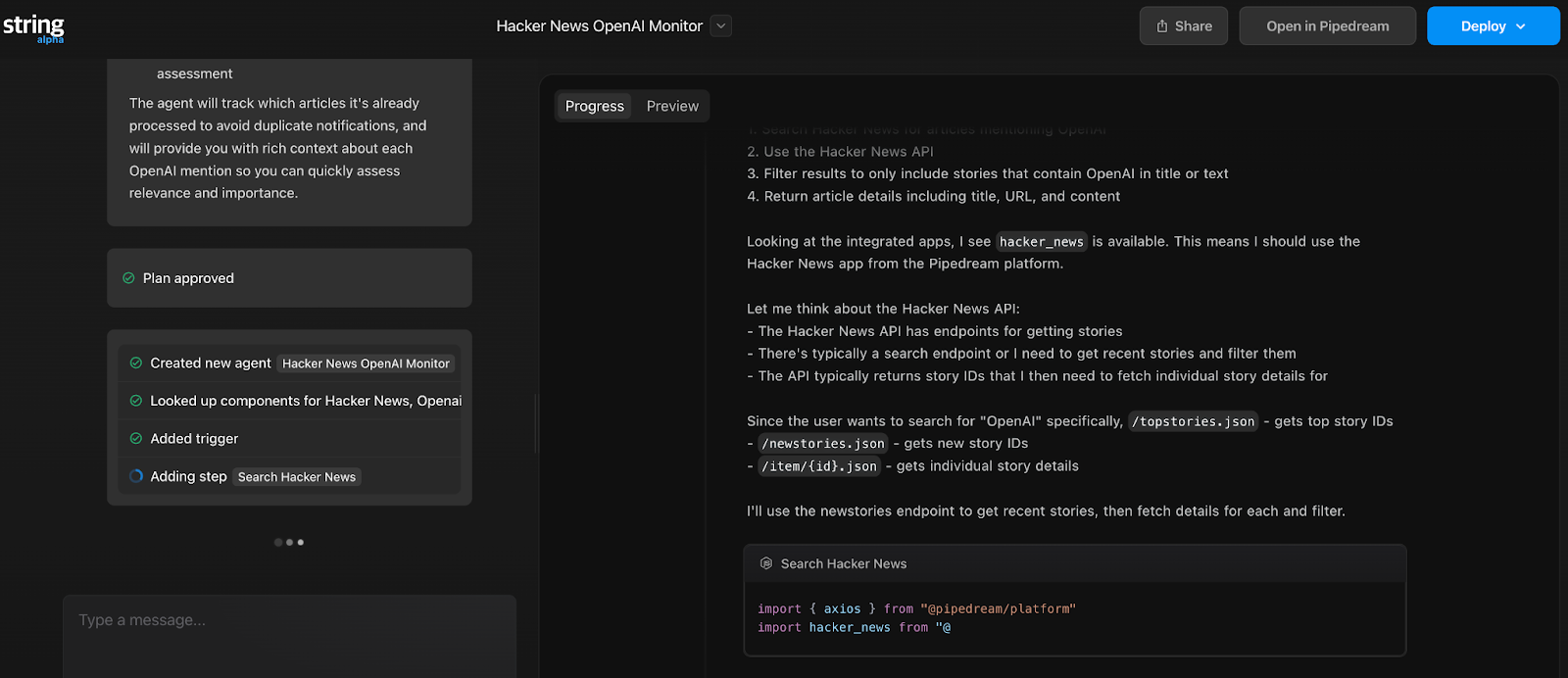 Screenshot of Pipedream Executing the Plan in Real Time
