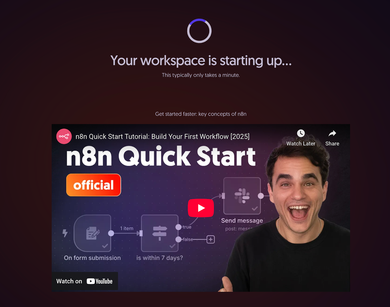 n8n Start-up Screen Youtube Video Embed