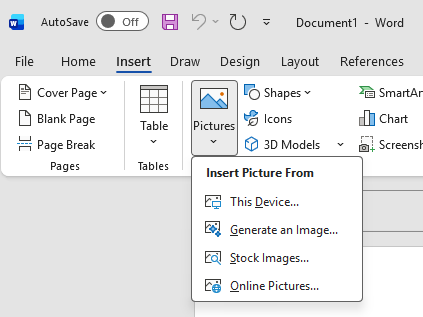 Screenshot from Microsoft Word showing how to add an e-signature in Word using the insert a picture method