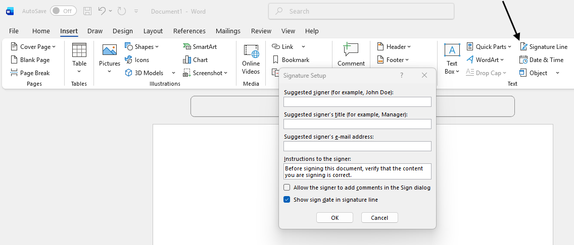 Screenshot from Microsoft Word showing how to add an e-signature in Word using the signature line