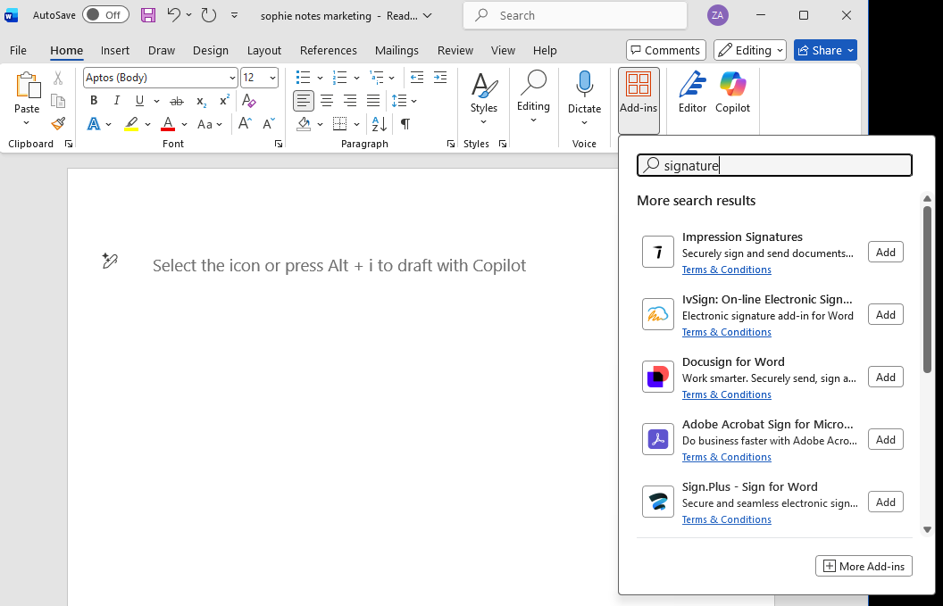Screenshot from Microsoft Word showing how to add an e-signature in Word using the add-in method