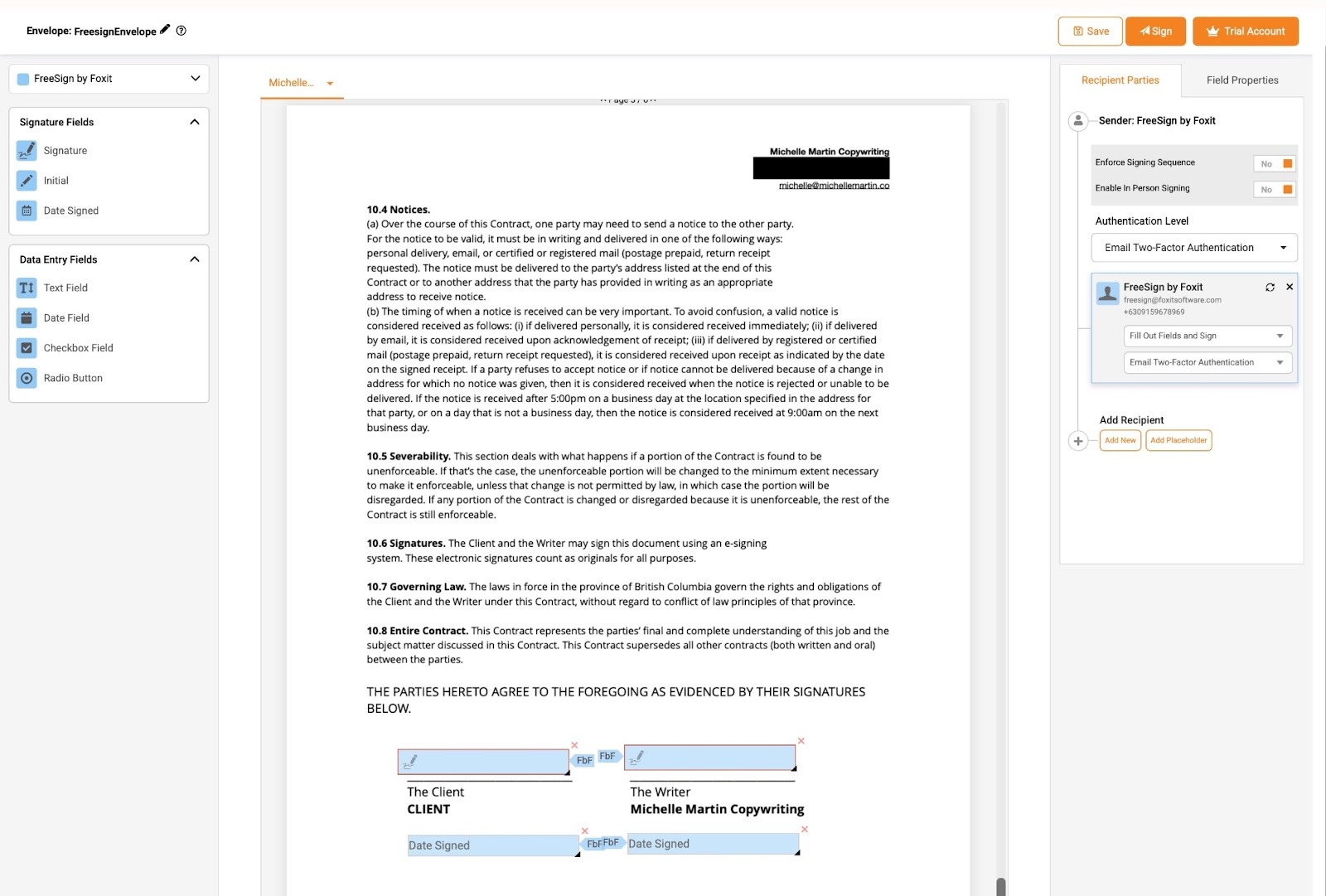 Screenshot of the Foxit eSign interface, featuring a sample contract with added fields for collecting e-signatures