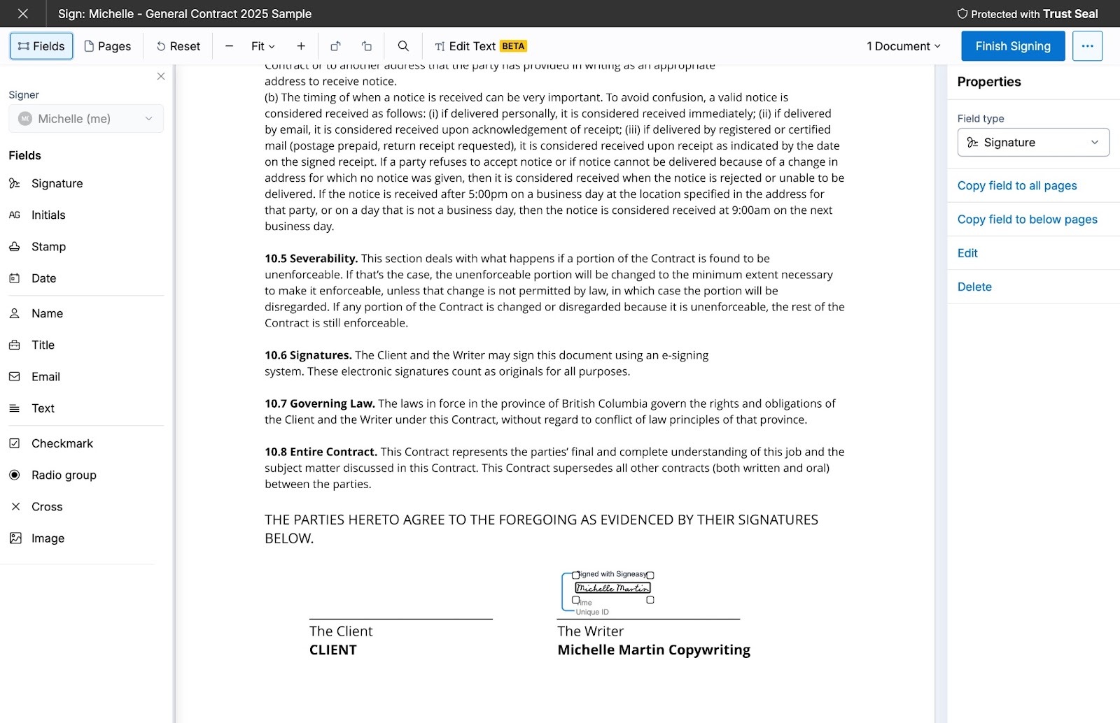 Screenshot of the Signeasy interface, featuring a sample contract with added fields for collecting e-signatures