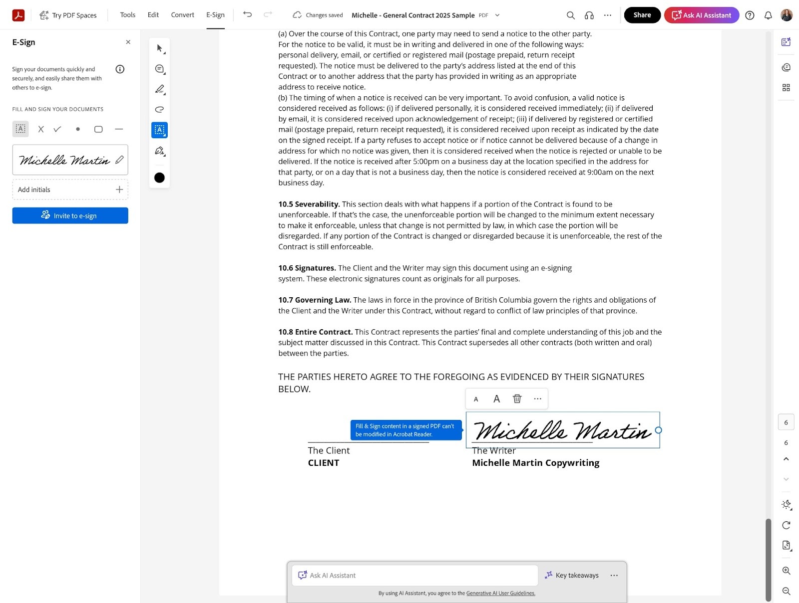 Screenshot of the Adobe Acrobat Sign interface, showing a document containing a field for an e-signature