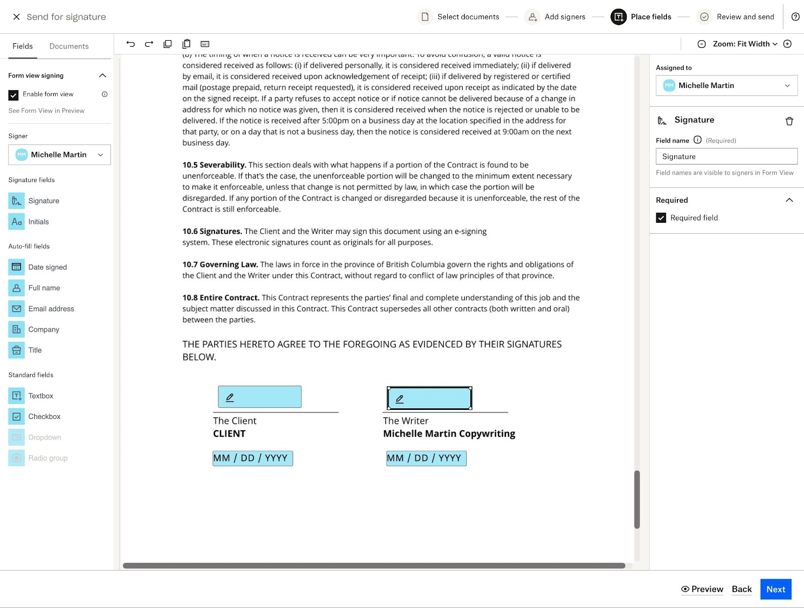 Screenshot of the Dropbox Sign interface, featuring a sample document with added fields for collecting e-signatures
