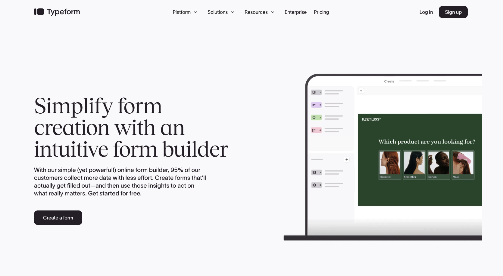 Screenshot of Typeform's landing page, showing a headline "Simplify form creation with an intuitive form builder"