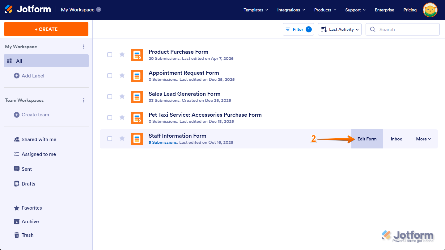 Edit Form button of a form on the Jotform Workspace page