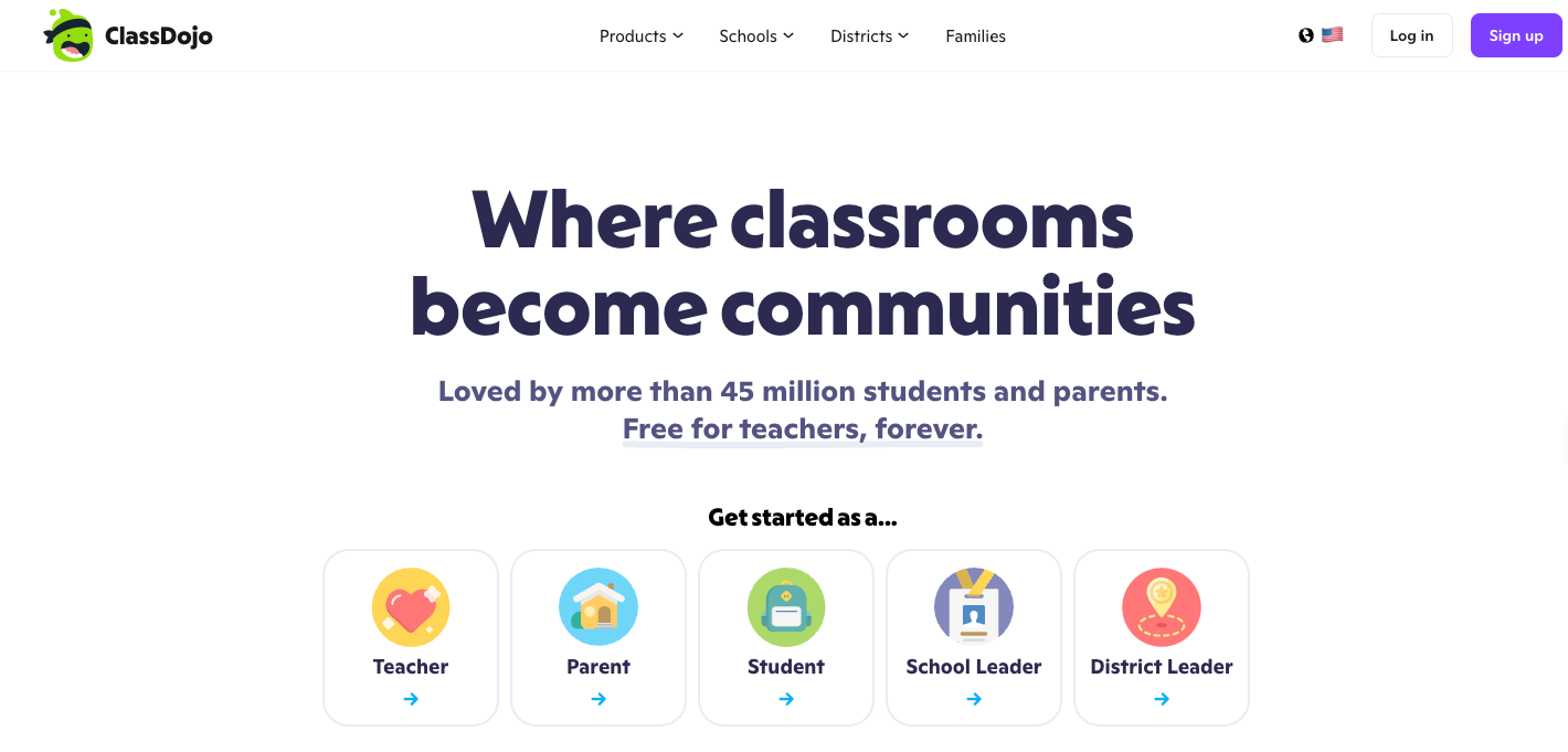 Screenshot of ClassDojo's landing page, showing a headline "Where classrooms become communities"