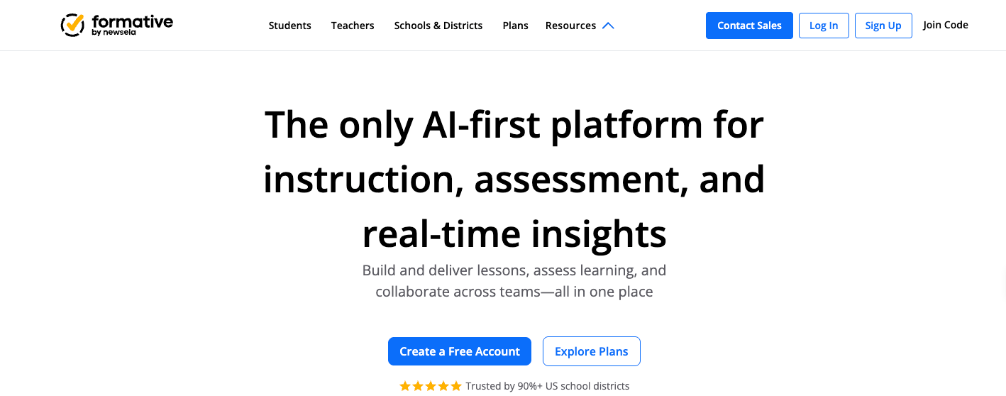 Screenshot of Formative's landing page, showing a headline "The only AI-first platform for instruction, assessment, and real-time insights"