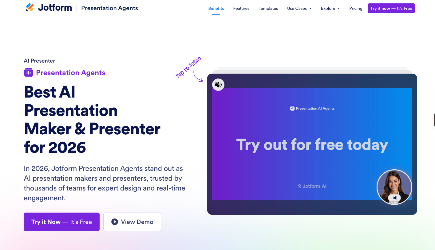 Screenshot of Jotform Presentation Agents' landing page, showing a headline "Best AI Presentation Maker & Presenter for 2026"