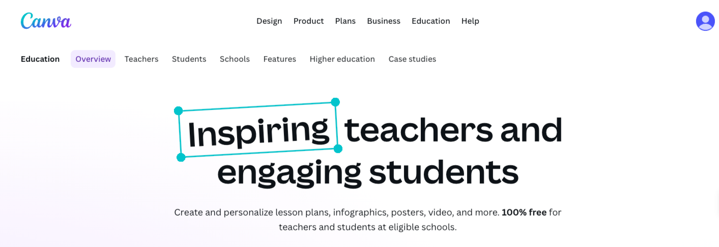 Screenshot of Canva Education's landing page, showing a headline "Inspiring teachers and engaging students"