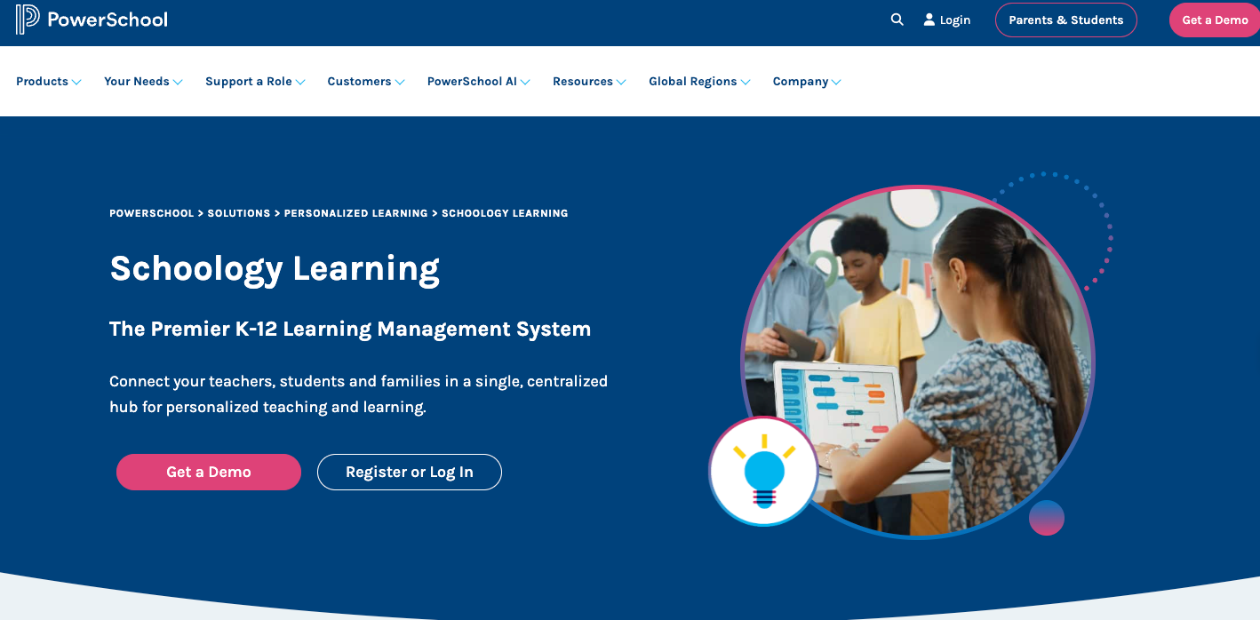 Screenshot of Schoology Learning's landing page, showing a headline "Schoology Learning"