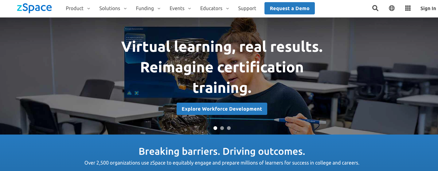Screenshot of zSpace's landing page, showing a headline "Virtual learning, real results