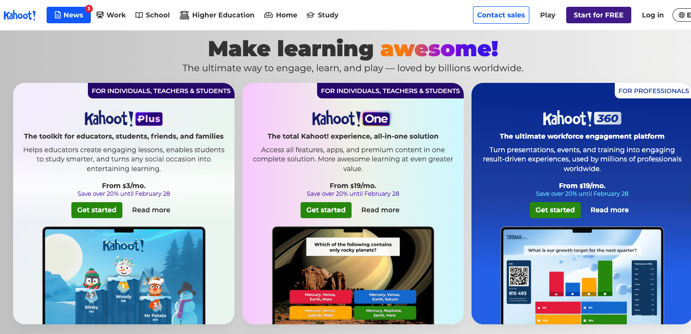 Screenshot of Kahoot's landing page, showing a headline "Make learning awesome!"