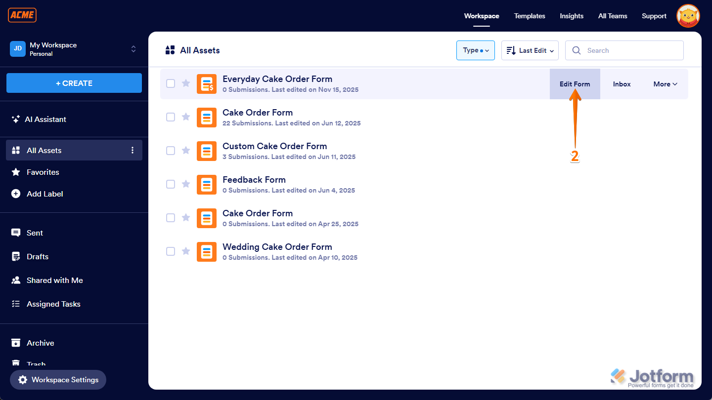 Hovering over a form and clicking Edit Form button in My Workspace