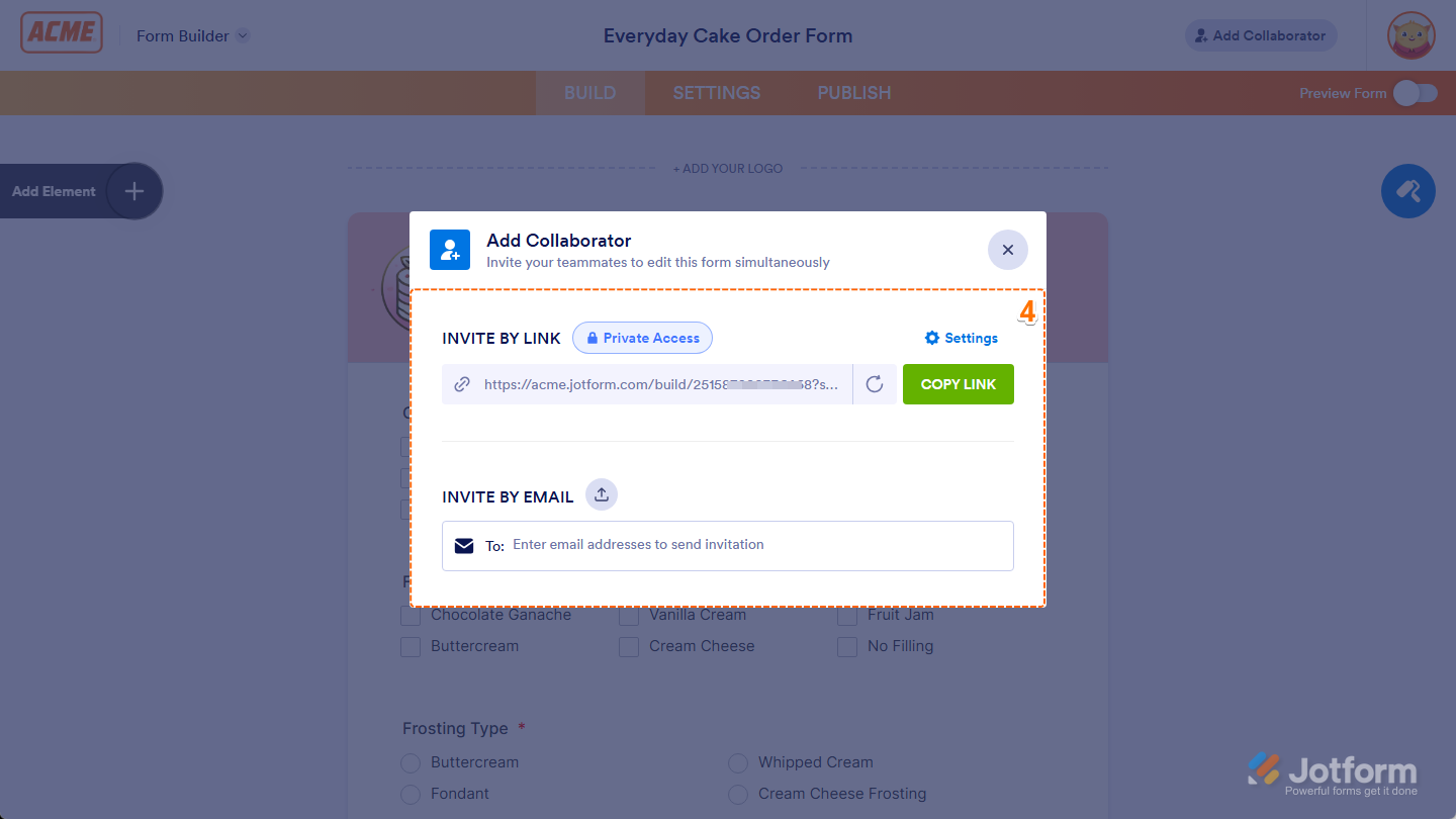 Add Collaborator window with options to invite by link or email in Form Builder
