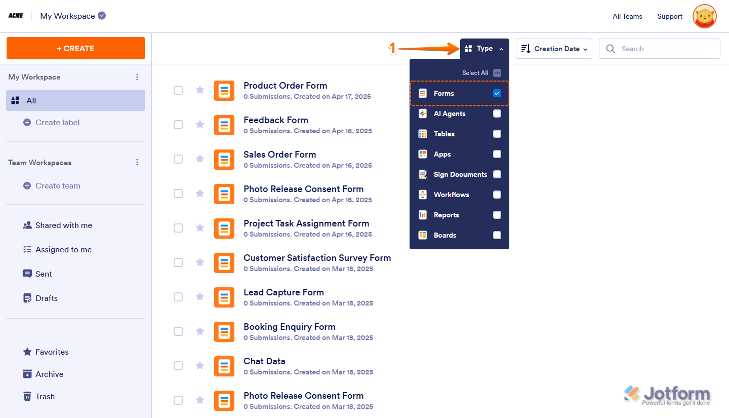 Filtering assets by type on My Workspace Enterprise page to show only Forms in Jotform
