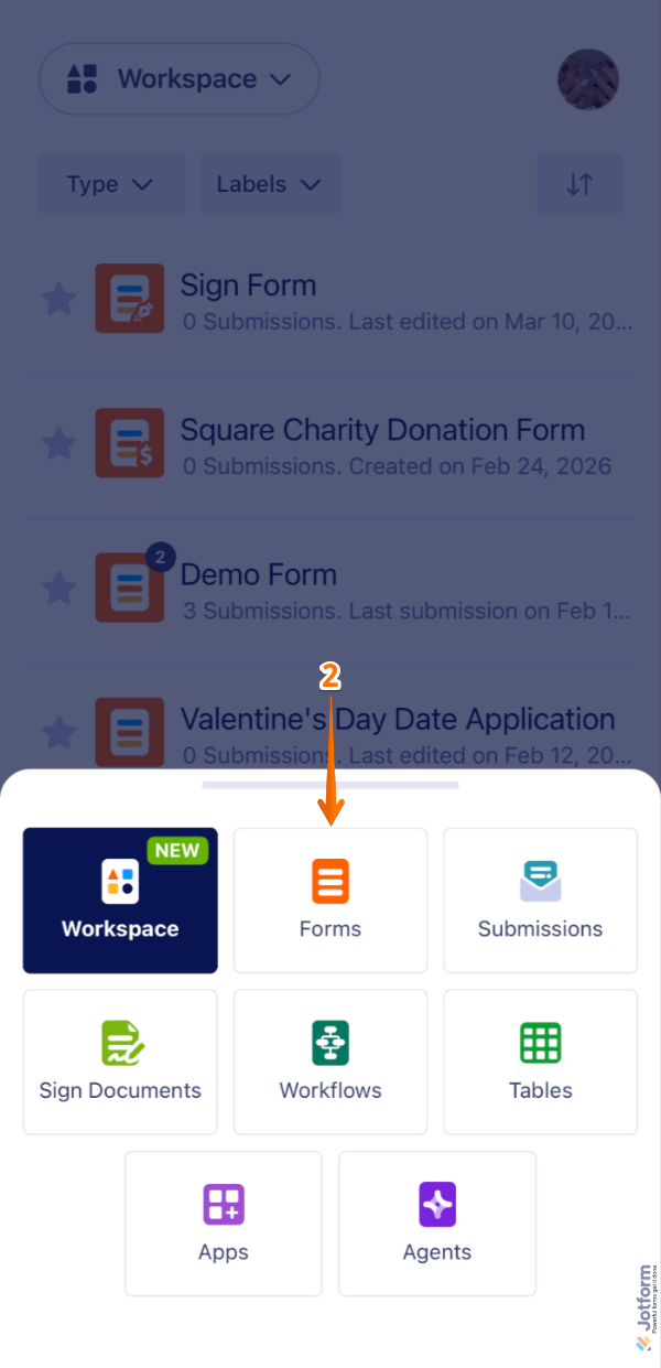 Mobile App menu displaying the Forms option after tapping the Workspace menu