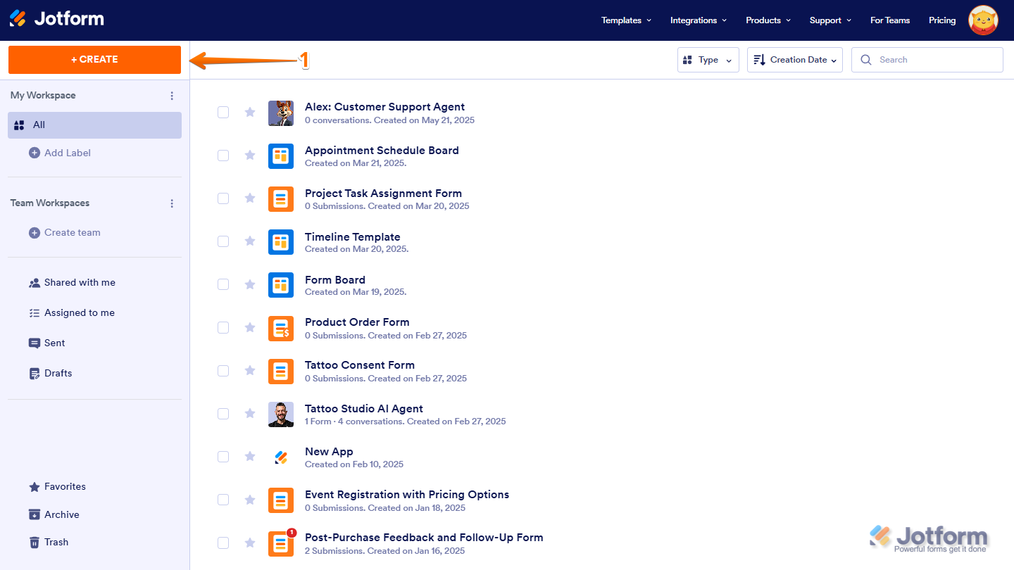 Create Button on Workspace Jotform