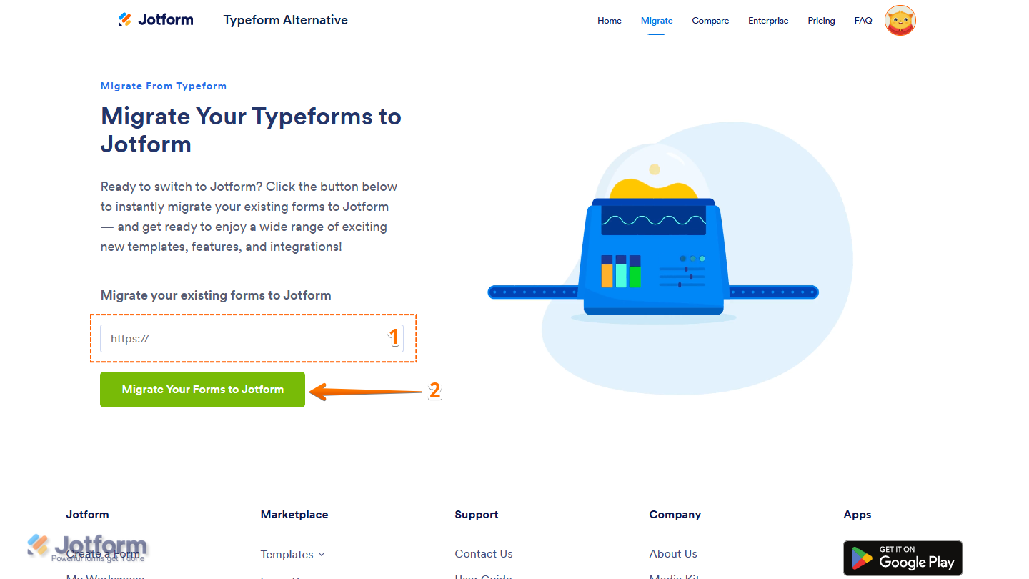 Import Typeform page application adding the Typeform URL