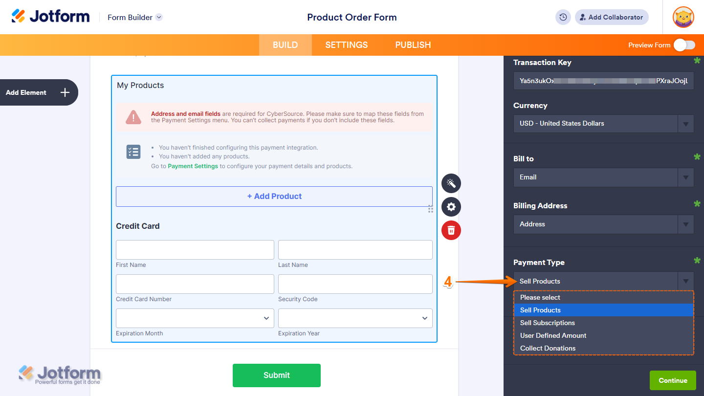 Payment Type setting in the CyberSource Integration window in Jotform Form Builder