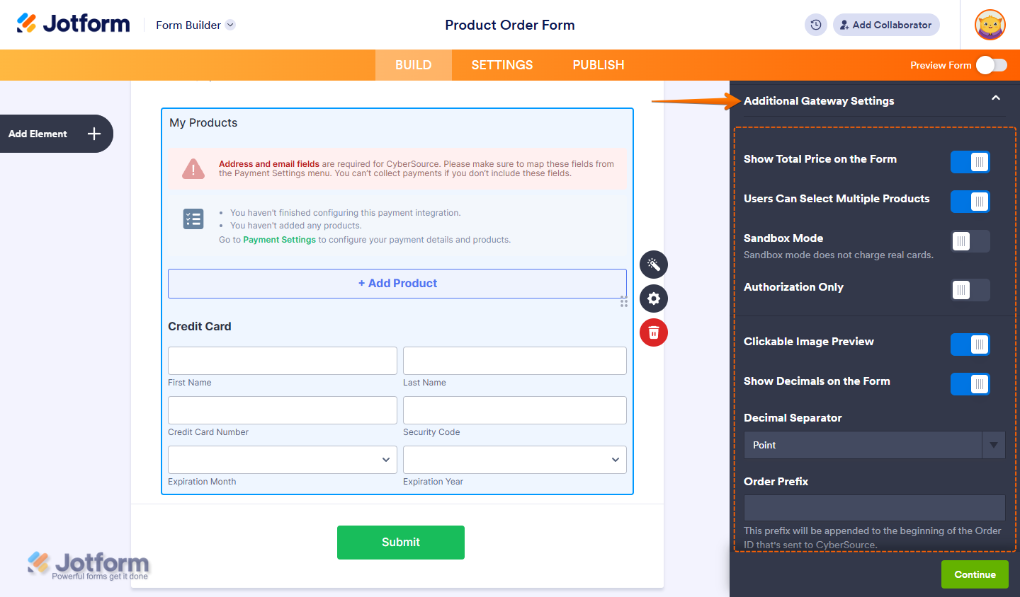 Additional Gateway Settings in the CyberSource Integration window in Jotform Form Builder