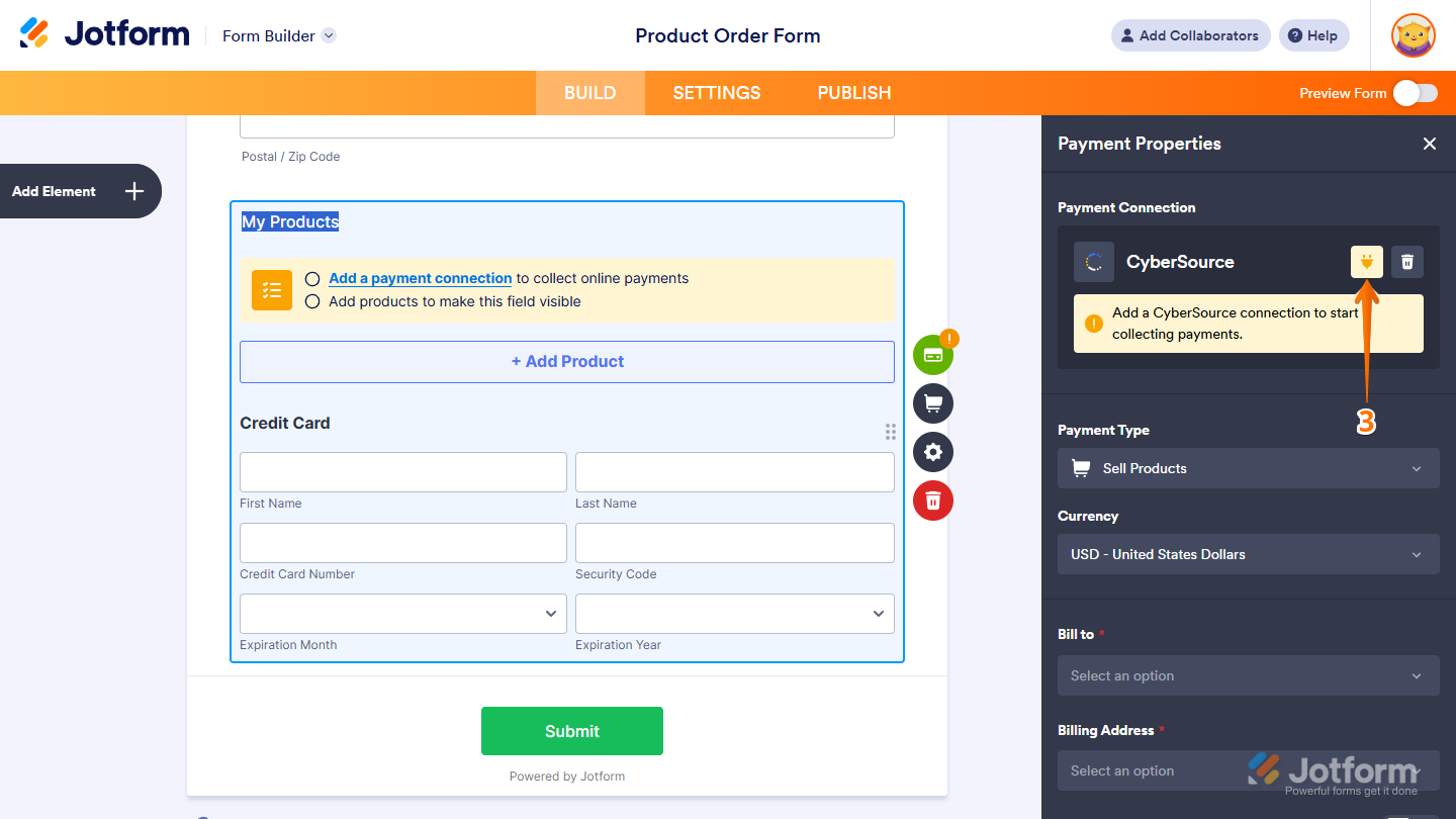 Plug icon in the Payment Connection settings in the CyberSource Payment Properties window in Jotform Form Builder