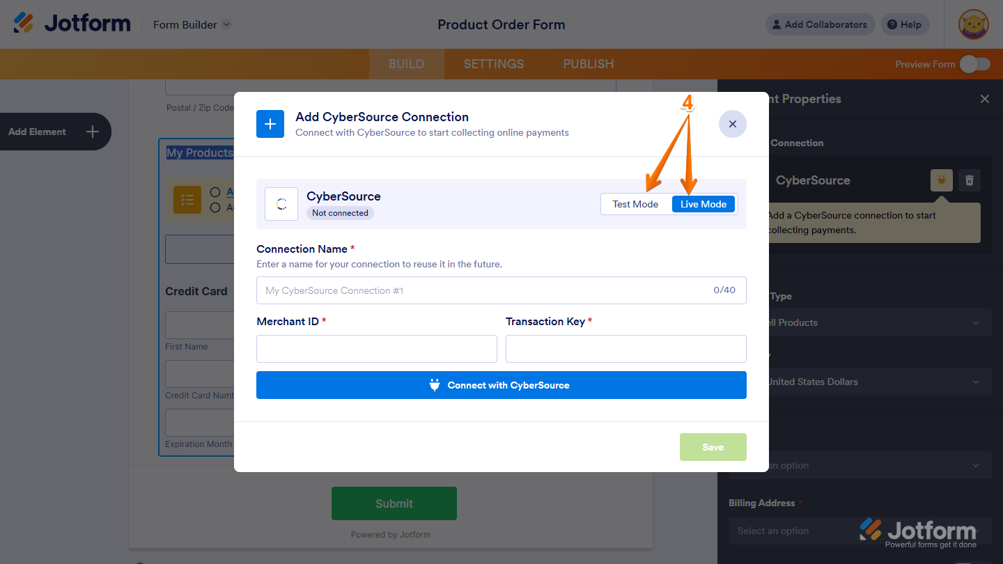 Test Mode and Live Mode toggle in the Add CyberSource Connection window in Jotform Form Builder