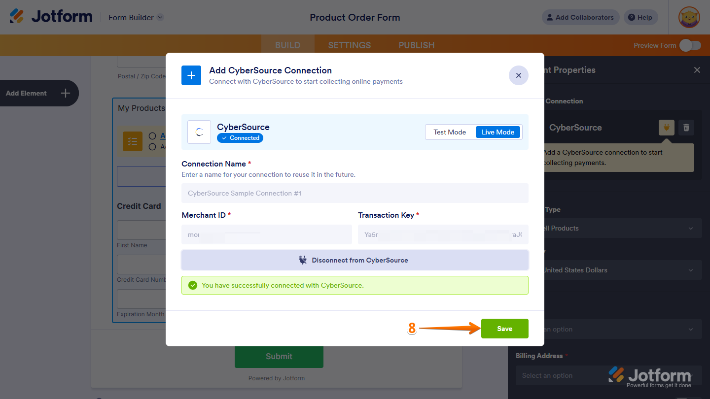 Save button of the Add CyberSource Connection window in Jotform Form Builder