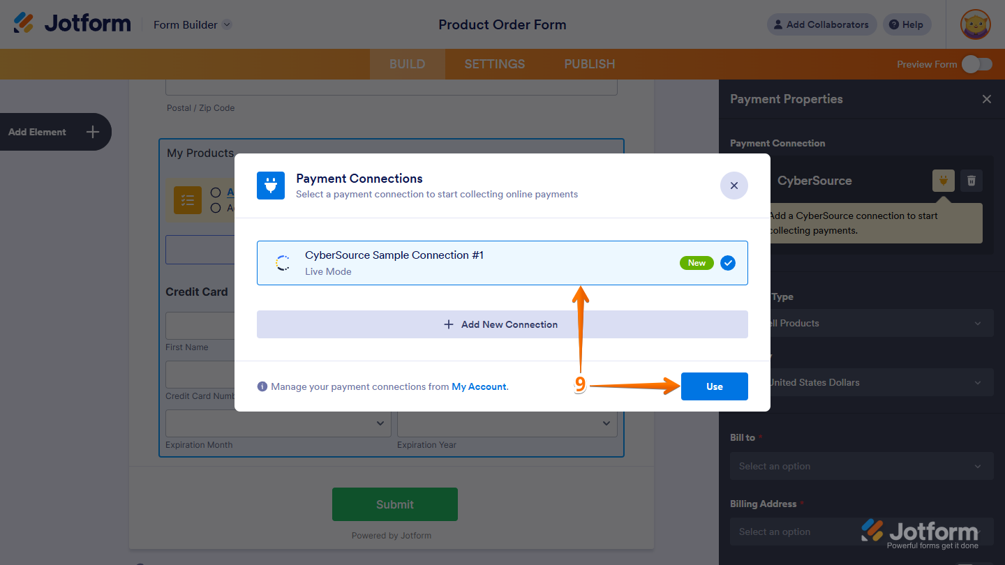 CyberSource Reusable Connection option in the Payment Connections window in Jotform Form Builder