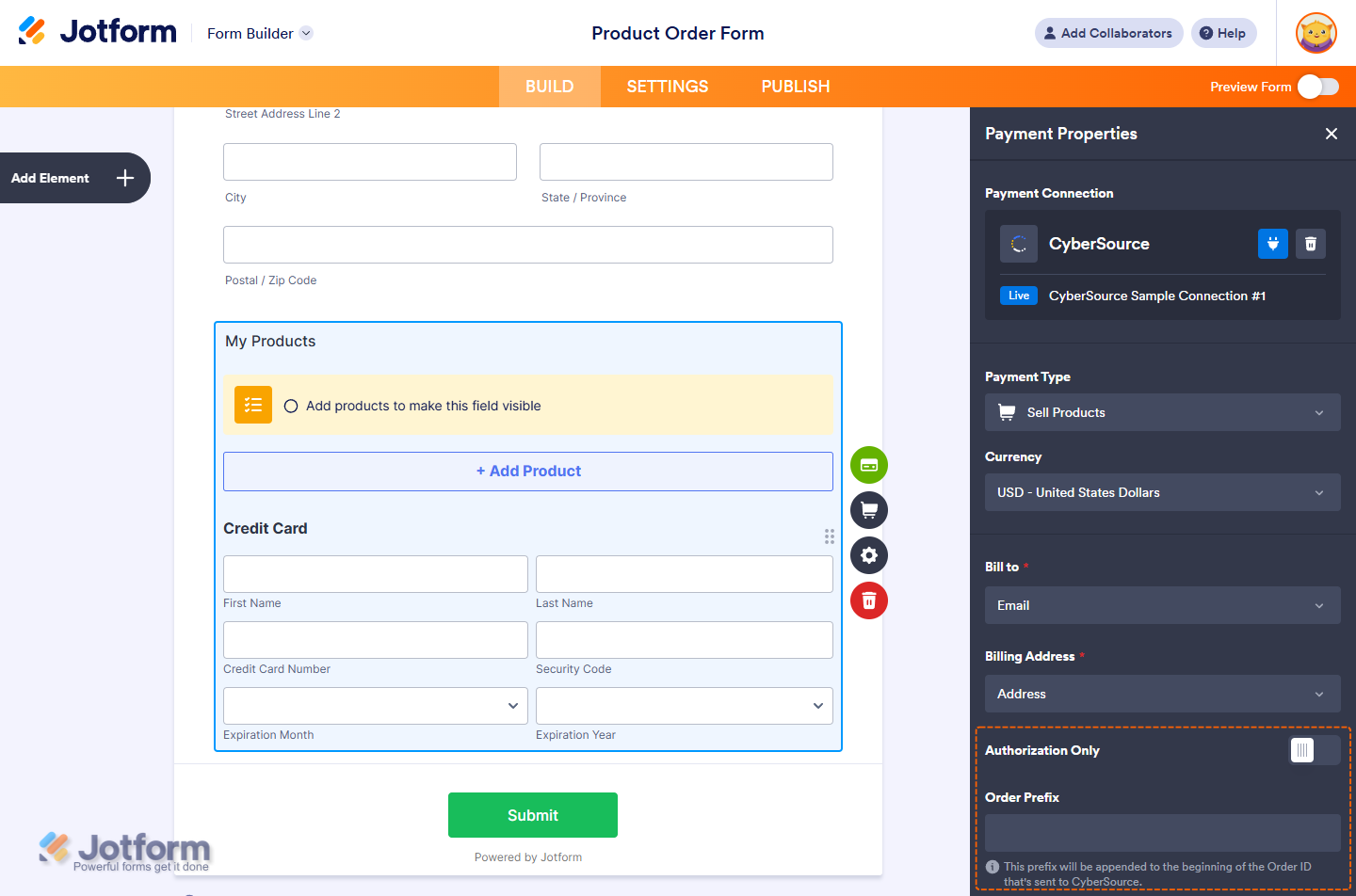 Authorization Only and Order Prefix setting in the CyberSource Payment Properties window in Jotform Form Builder
