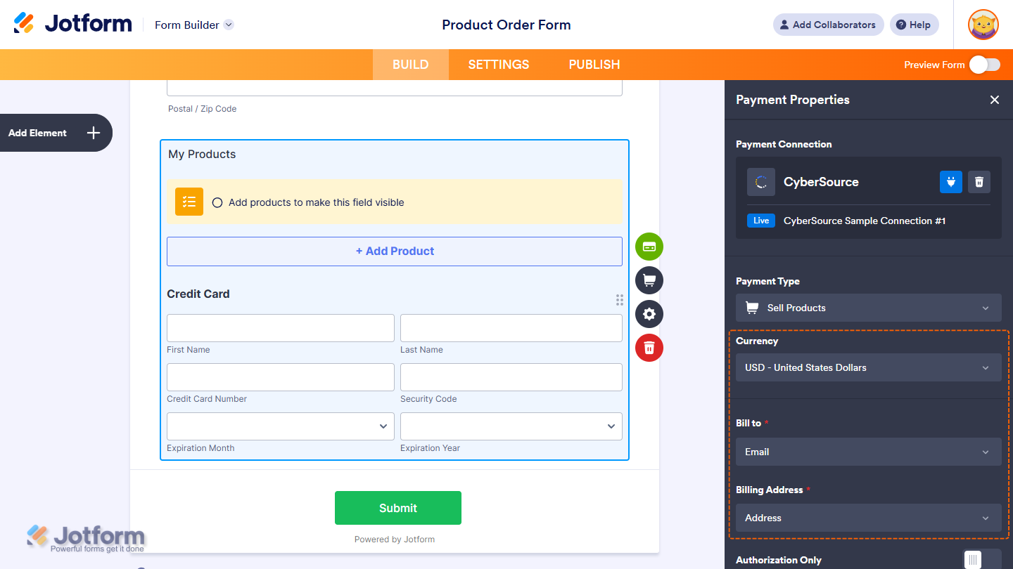 Currency, Bill To, and Billing Address setting in the CyberSource Payment Properties window in Jotform Form Builder