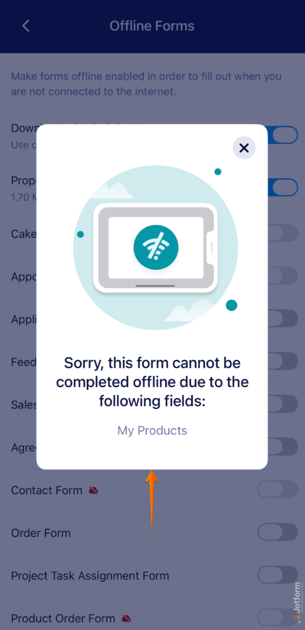 Mobile App warning message indicating that certain form elements or widgets require an internet connection to work offline