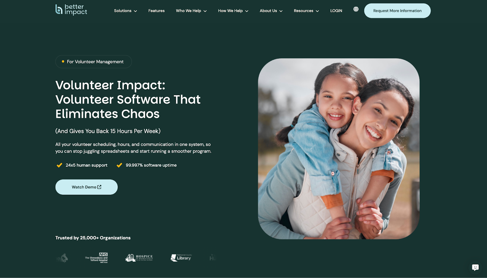 Screenshot of Better Impact's website, showing a headline "Volunteer Impact: Volunteer Software That Eliminates Chaos"