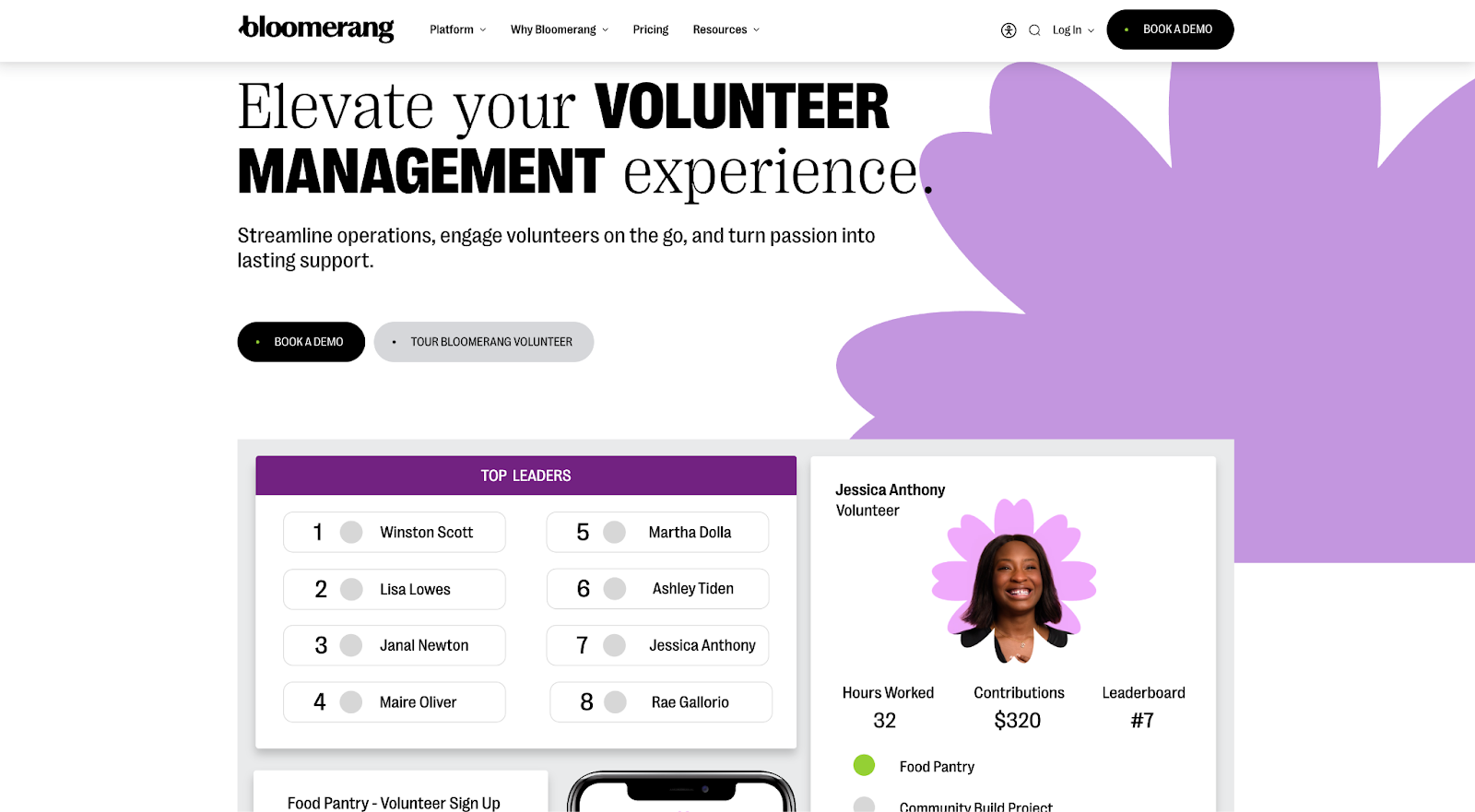 Screenshot of Bloomerang Volunteer's landing page, showing a headline "Elevate your VOLUNTEER MANAGEMENT experience
