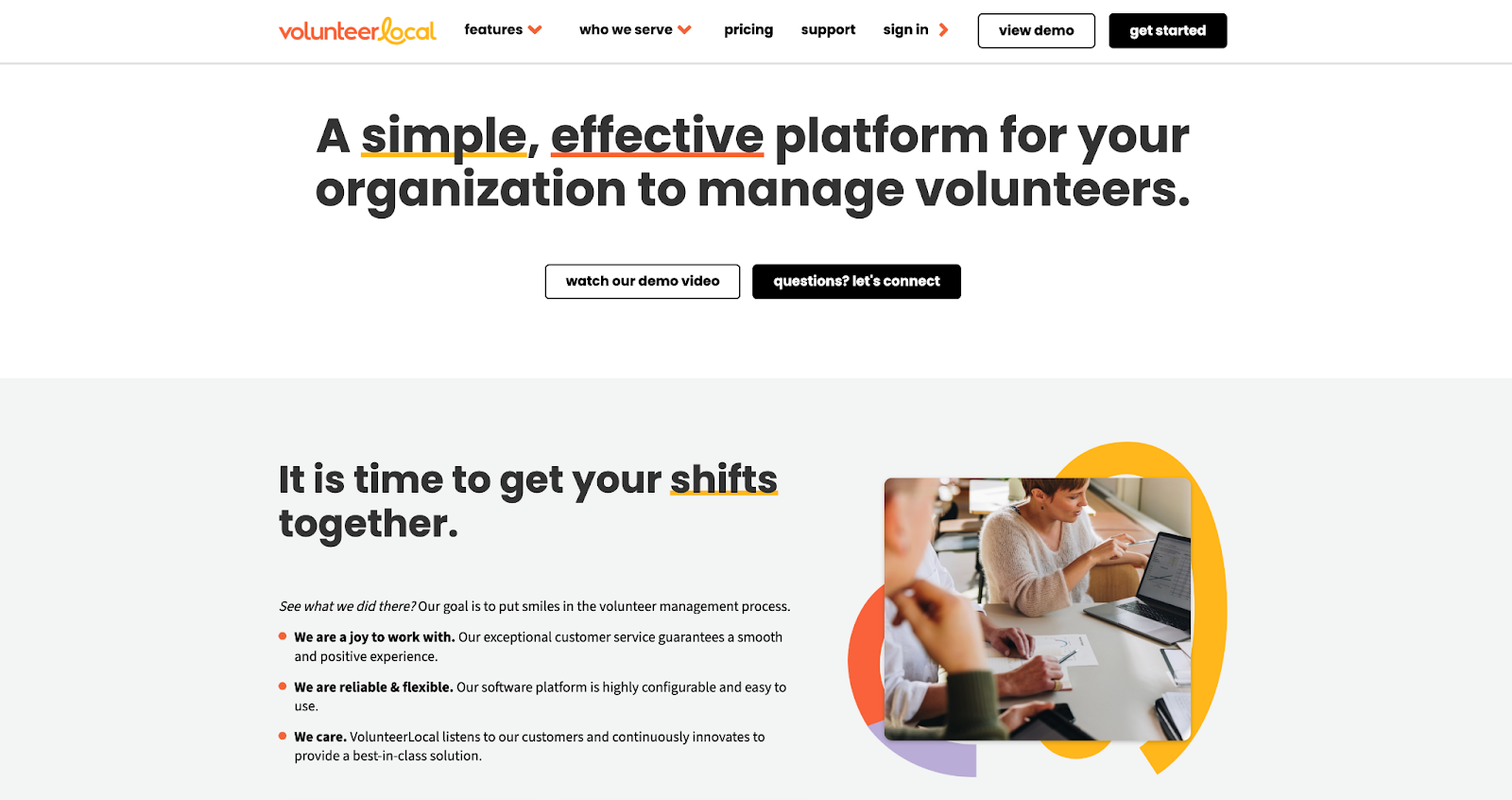 Screenshot of VolunteerLocal's landing page, showing a headline "A simple, effective platform for your organization to manage volunteers