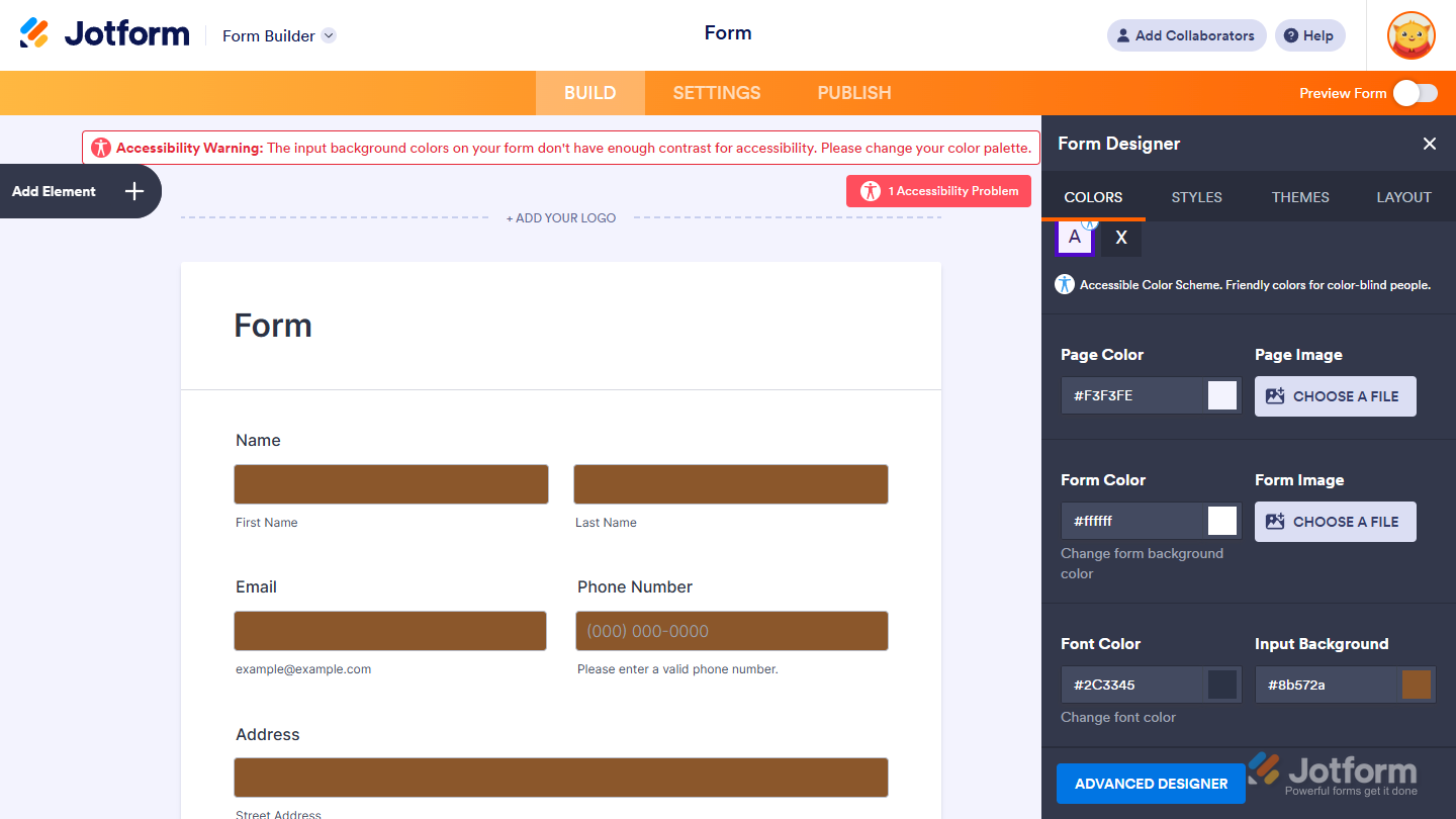 Accessibility warning in Jotform indicating the input background color is too light and lacks sufficient contrast, with a recommendation to change the color palette for better readability