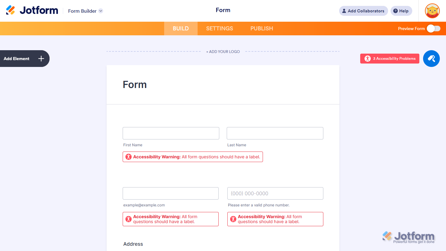 Accessibility warning for missing field labels, indicating that all form questions in Jotform should have descriptive labels for users and screen readers