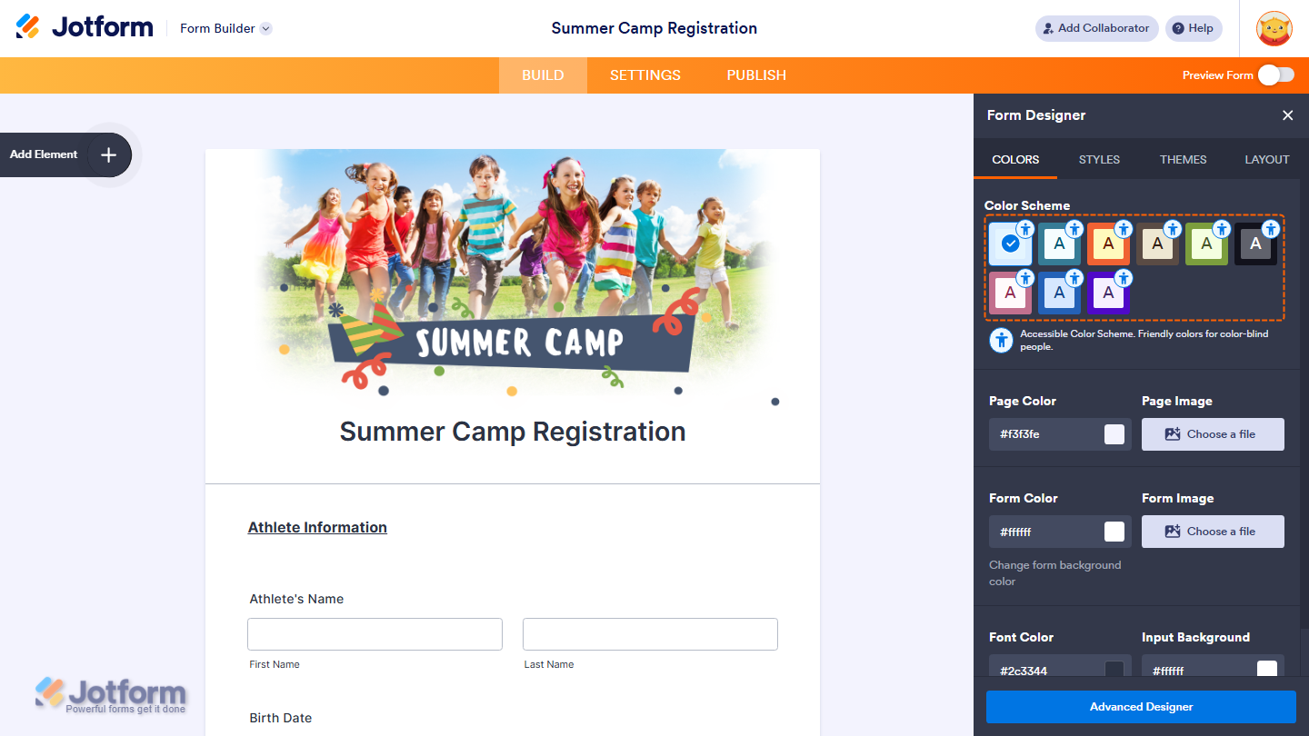 Classic Form Designer showing accessible default color schemes with readable text contrast in Jotform