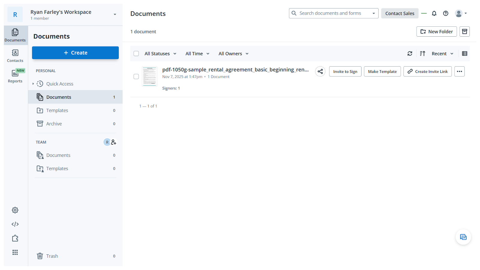 SignNow interface showing an example rental agreement