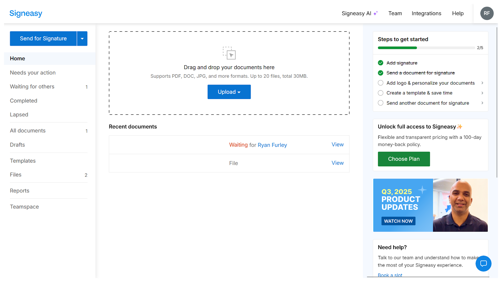 Signeasy interface showing the setup screen