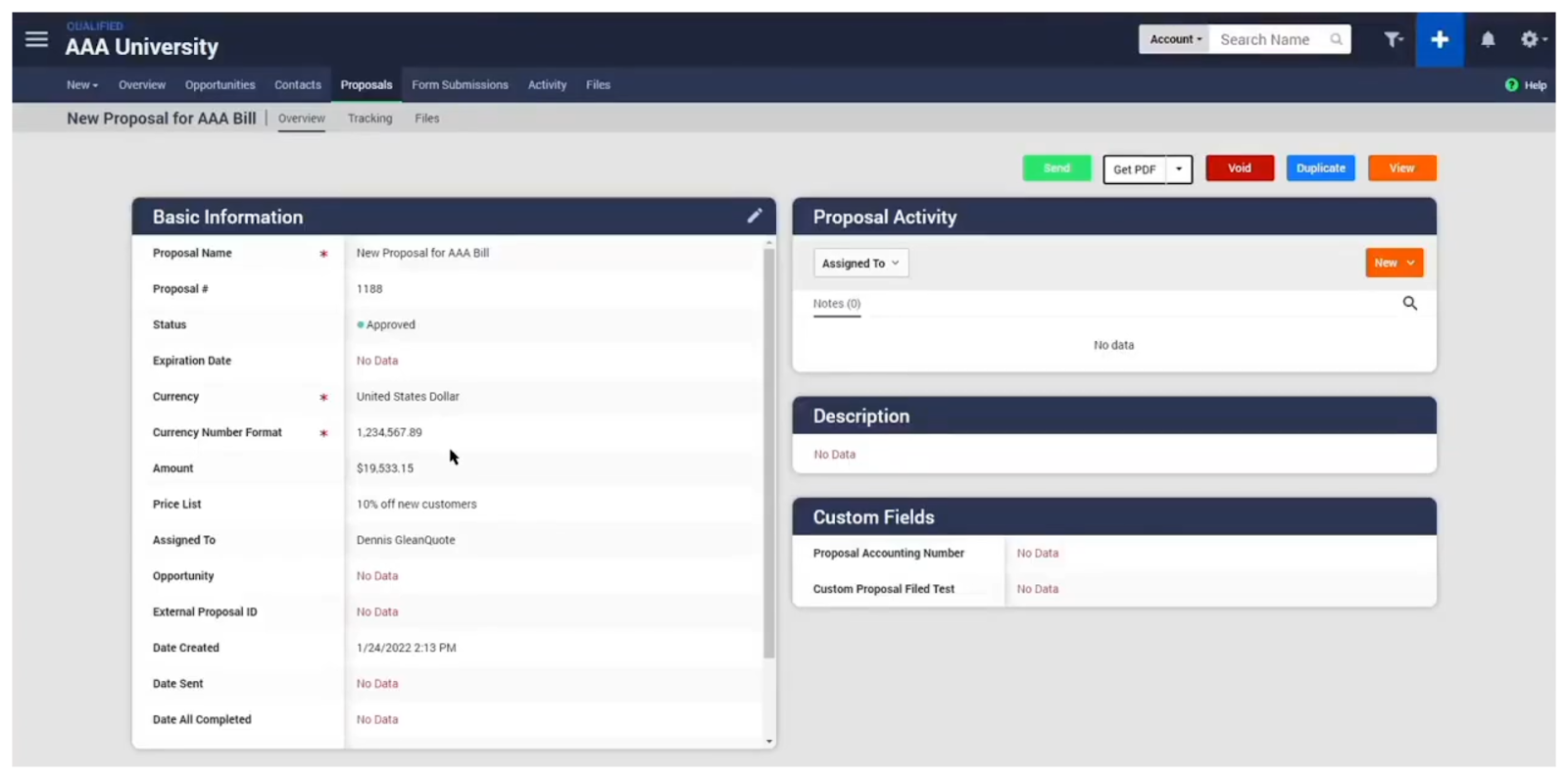 GleanQuote interface showing an example bill proposal