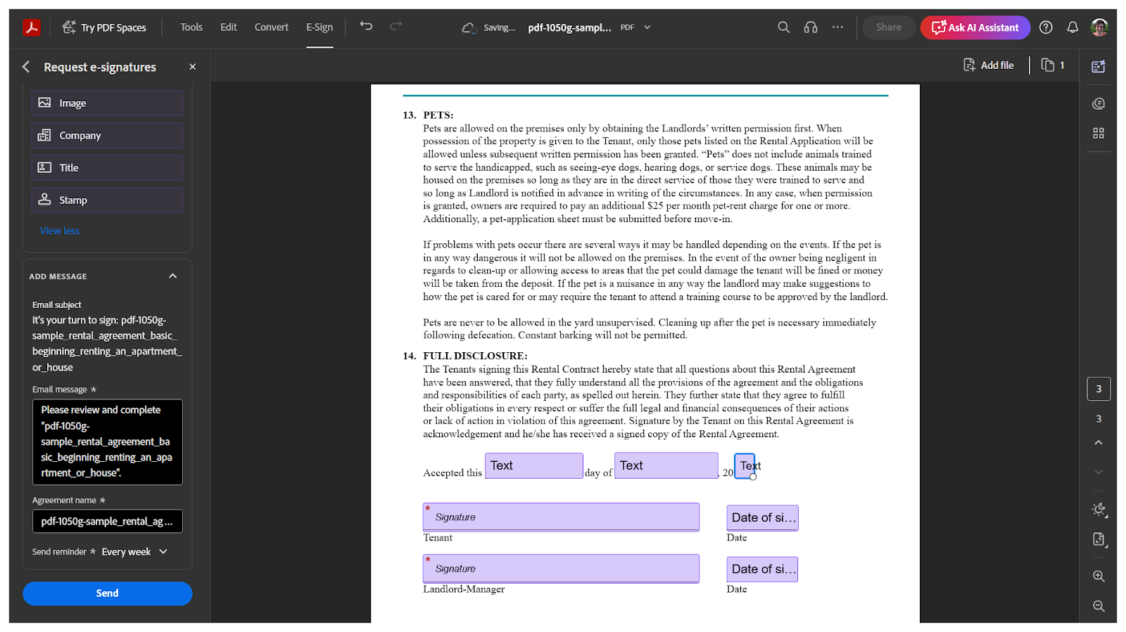 Adobe Acrobat Sign interface showing an example rental contract